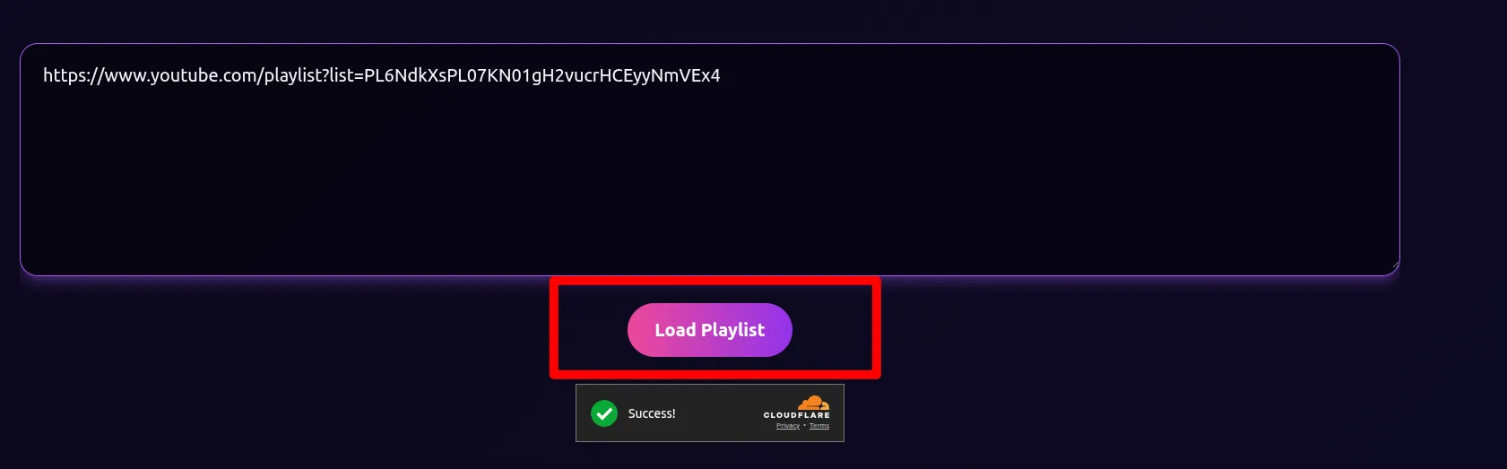 A mouse cursor hovering over the Load Playlist button on the web page, ready to fetch and process the YouTube playlist data.